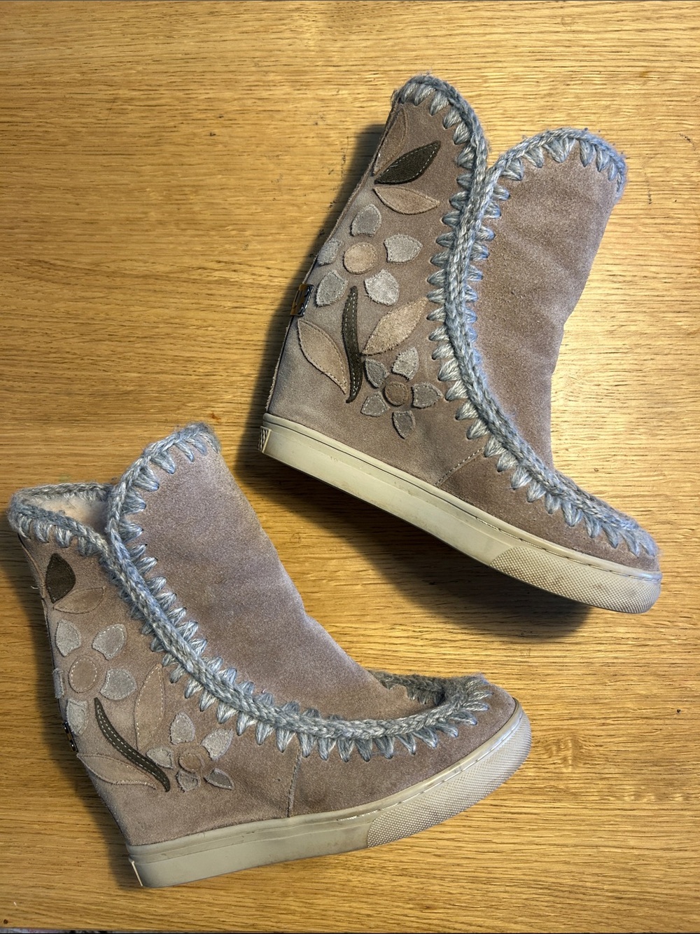 MOU Women's Taupe Suede Wedge Boots with Floral Appliqués